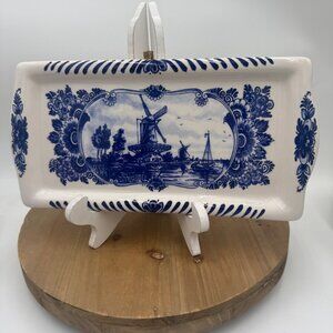 Exquisite Hand Painted Delft Blauw Cake Plate featuring a windmill, a true embod